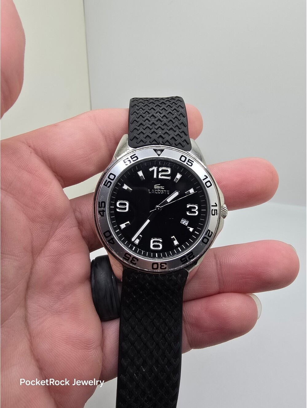 Lacoste 13000G Quartz Analog Date 40mm 50m SS Silver Case Black Dial Rubber